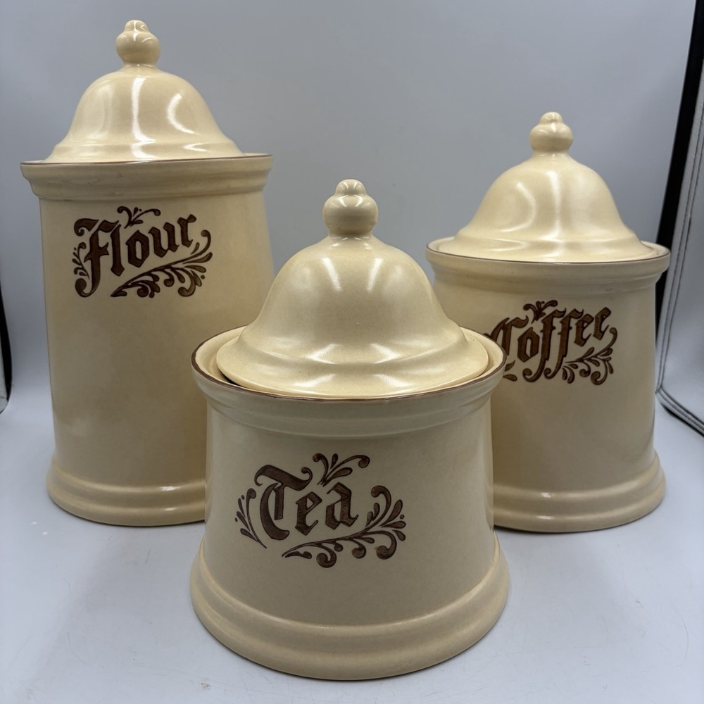 Vtg Pfaltzgraff Village Canister 6 Piece Set Castle Stamp Flour Tea Coffee USA